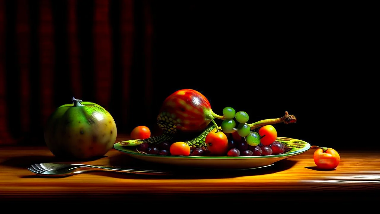 Grapes. Dishes. Oranges. Wood table.