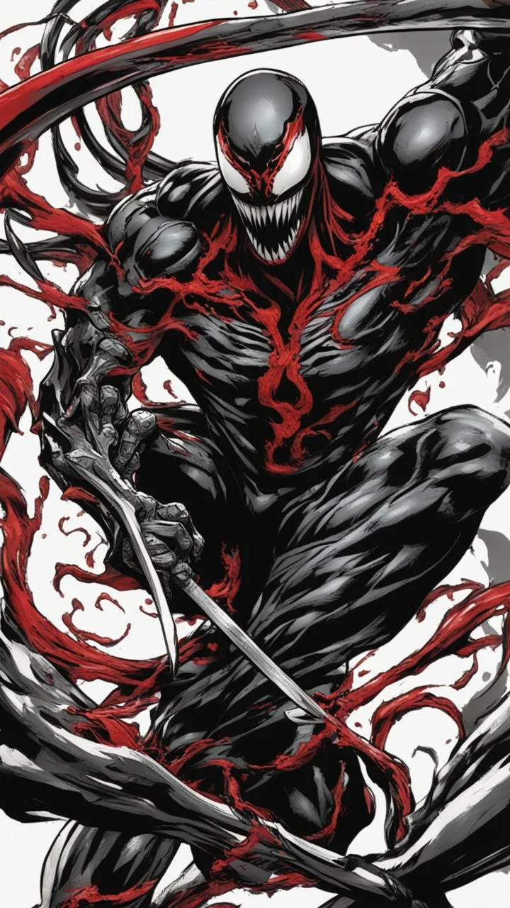 A close picture of Venom symbiote as ghost of Sparta red tattoos and Clothes, holding blade of choice