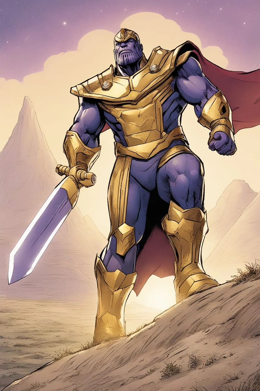 Thanos, the commander of the army of aliens and the king of the entire galaxy, is ready to go on a campaign with his two large swords, his very beautiful and impenetrable armor with his golden helmet, standing on top of a hill with his sword with infinity gauntlet