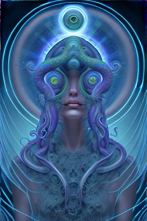 Spiritual being with Tentacles over human Head creating reality around, wrapping Spiral around Human, Psychedelic