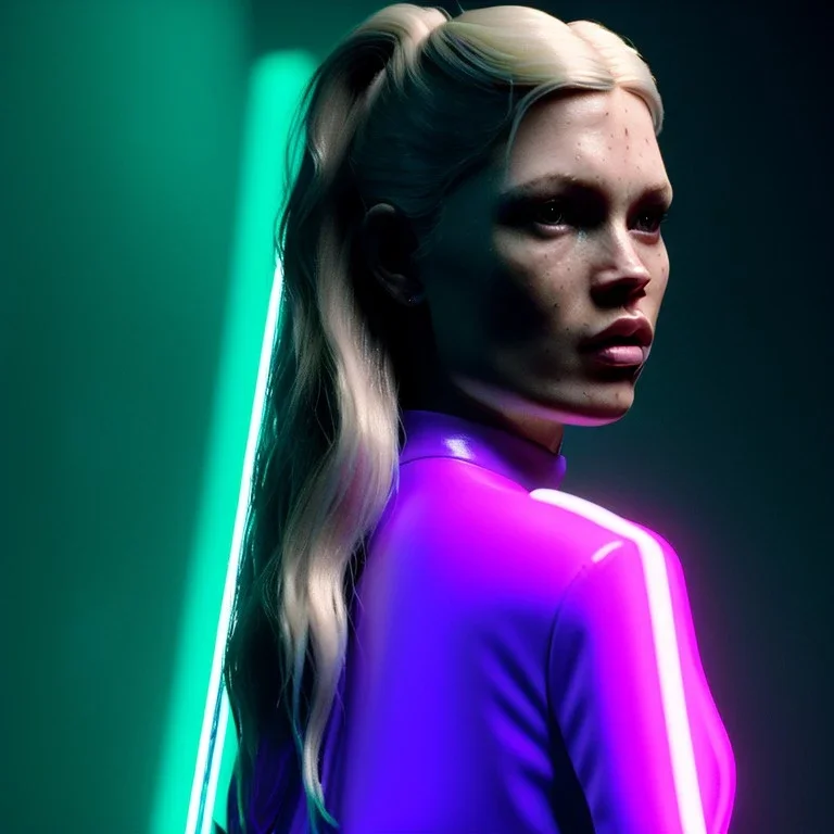 young kate moss, blonde replicant woman, blade runner style, rain, fog, neon ambient, gradient color, clean skin, circuits, latex coat, cyber punk, neon, tubes, portrait, studio photo, unreal engine 5, smooth color, 16 bit, god lights, ray tracing, RTX, lumen lighting, ultra deatail, volumetric lighting, 3d, finely drawn, hd.