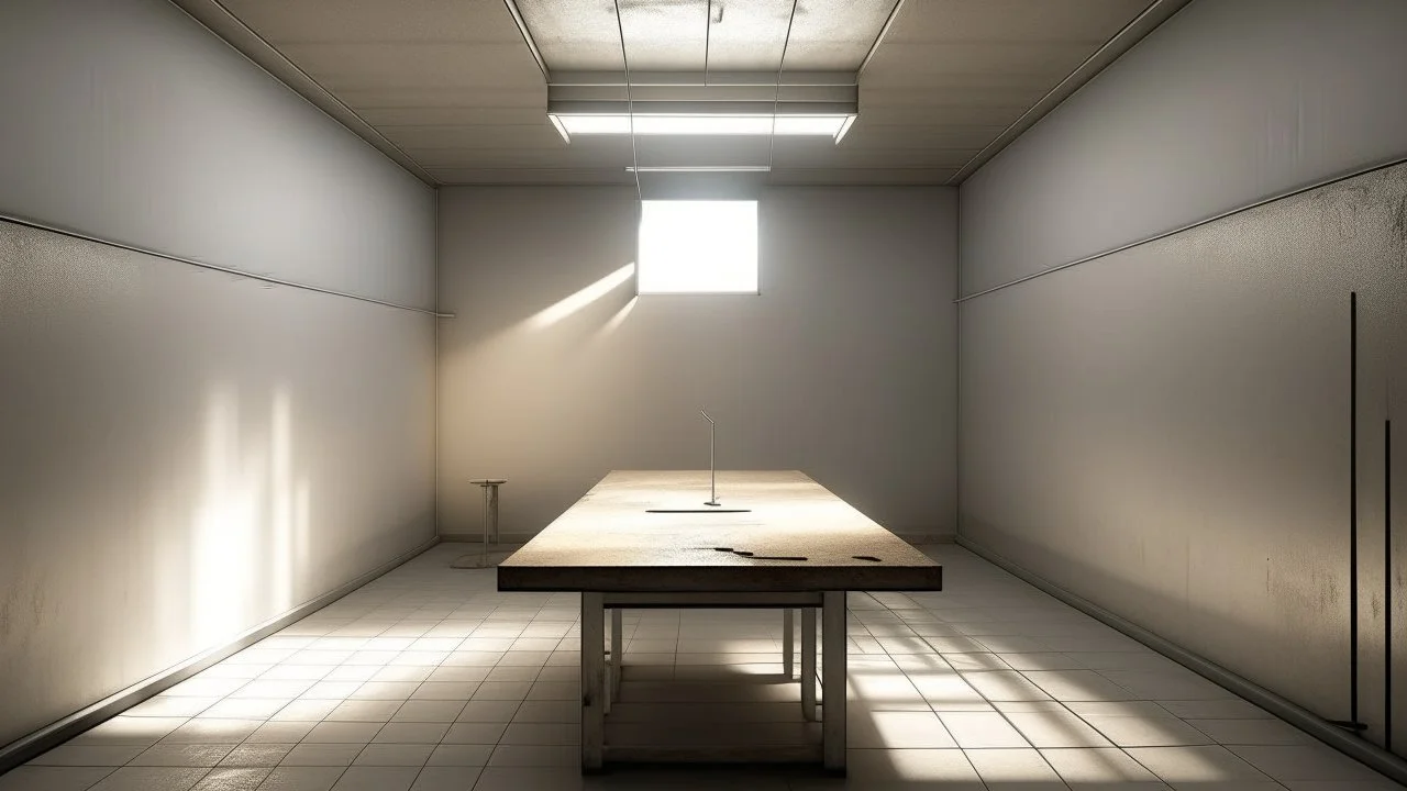 Square room with beige walls, low flat ceiling, fluorescent tube lighting casting harsh white light, small rectangular wooden table positioned at exact center, no chairs or other furniture, empty space surrounding the table, dust particles visible in the light beams, cold industrial atmosphere, floor made of gray concrete tiles with slight scuff marks, ceiling-mounted ventilation grate slightly off-center, electrical outlets visible at regular intervals along baseboards, viewing angle from mid-h