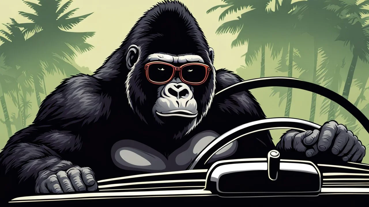 Gorilla wearing thick glasses driving a car. Illustration in the style of Ed Roth.