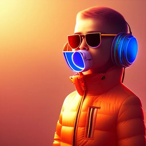 Bird toddler, smile, cyberpunk headphone, sunglass, gangsta neckless, full body, orange puffer jacket, tokio background, dramatic lighting, hyper realistic, unreal engine 5, 16k