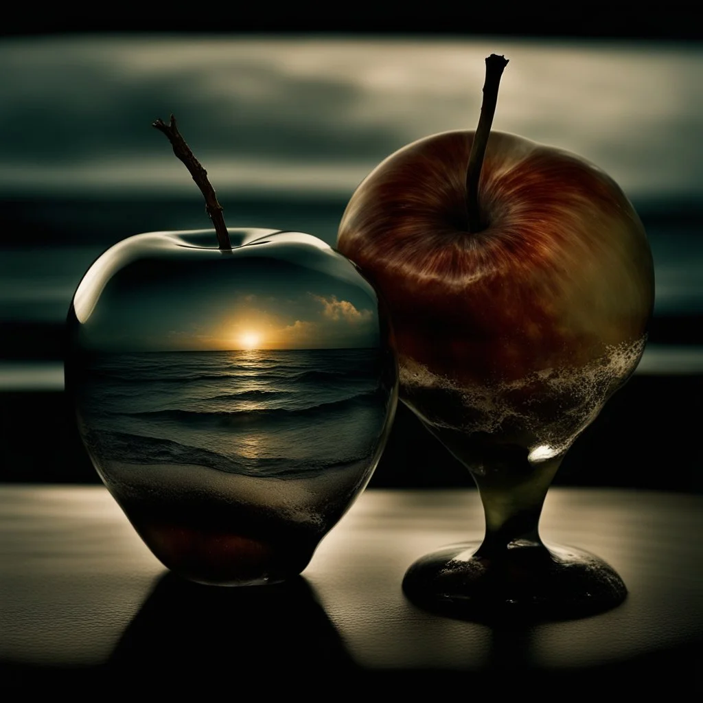 lovely double exposure image by blending together a stormy sea and a glass apple. The sea should serve as the underlying backdrop, with its details subtly incorporated into the glossy glass apple, sharp focus, double exposure, glossy glass apple, (translucent glass figure of an apple) (sea inside) lifeless, dead, glass apple, earthy colors, decadence, intricate design, hyper realistic, high definition, extremely detailed, dark softbox image, raytracing, cinematic, HDR, photorealistic (double exp