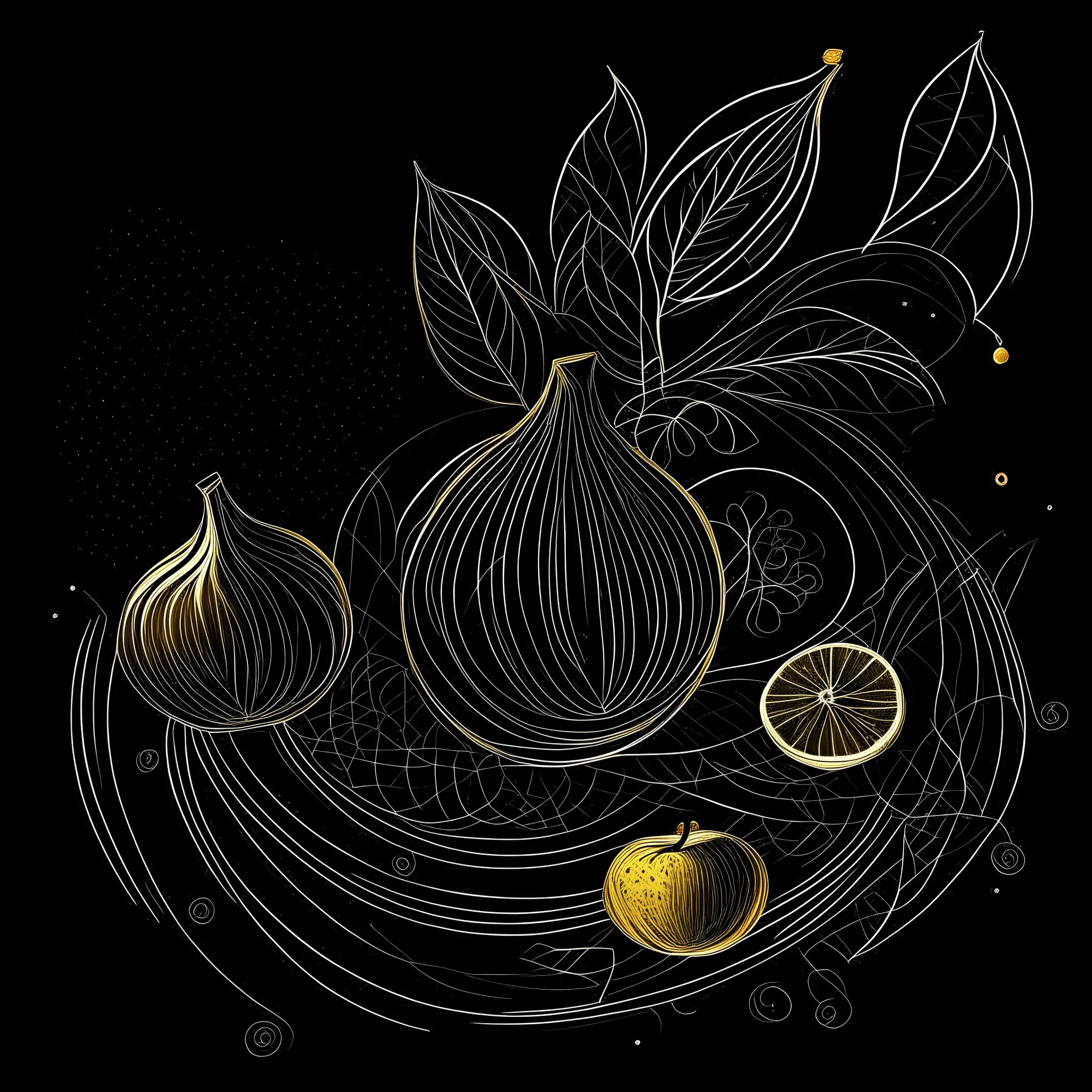 un dibujo solo lineal sobre fondo negro, frutas en color blanco y color dorado