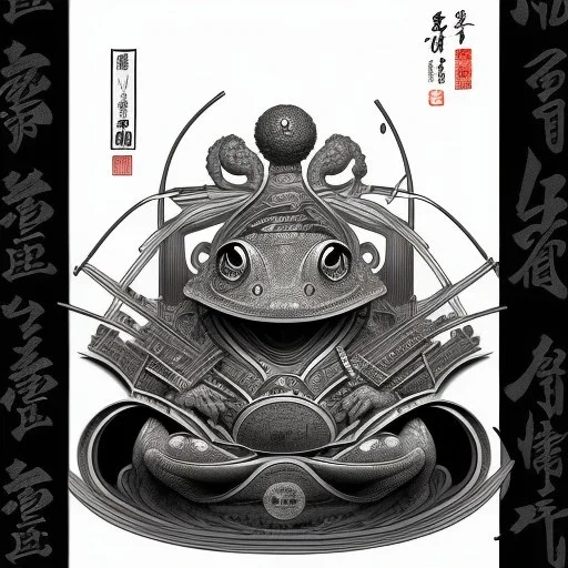 Ukiyo-e styled art, blacn and white frog