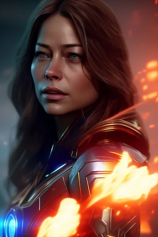 face kristin kreuk, superman clothes, realistic, unreal engine, cinematic lighting, octane render, fog, smoke, fire, particles