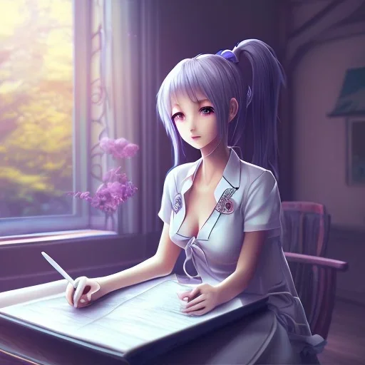 Anime girl studying in room, perfect face, window, nature, anime style, unreal engine 5, studio lighting --ar 2:1