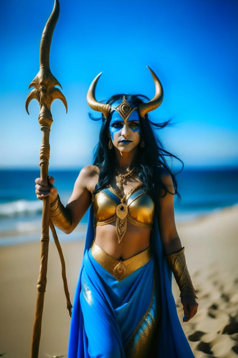 A picture of a blue faced Indian goddess with skin painted blue, blue body, wild black hair, stag horn antlers, elven ears, golden skirt, holding a staff on a sunny beach