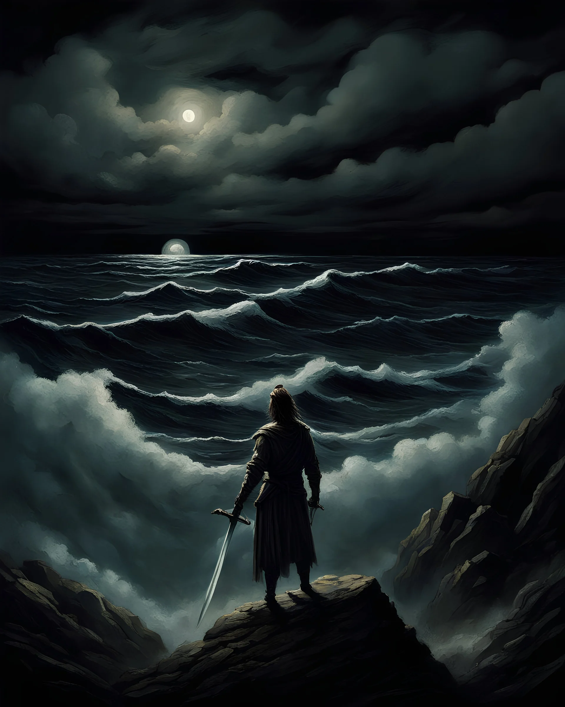 dark and stormy night is depicted in this artistic painting. The main subject of the image is a person standing on top of a hill, overlooking the raging sea below. The individual appears to be holding a sword, perhaps indicating they are a warrior or a powerful figure from mythology. Their stance suggests determination and confidence as they face the challenges that lie ahead. The overall atmosphere of the painting is intense and dramatic, with the dark sky and turbulent waters adding to the sen