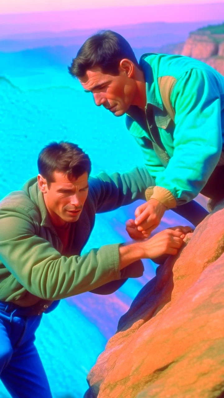 From the movie cliffhanger a man trying to help his friend from falling down the cliff by holding his hand while the friend is tangling