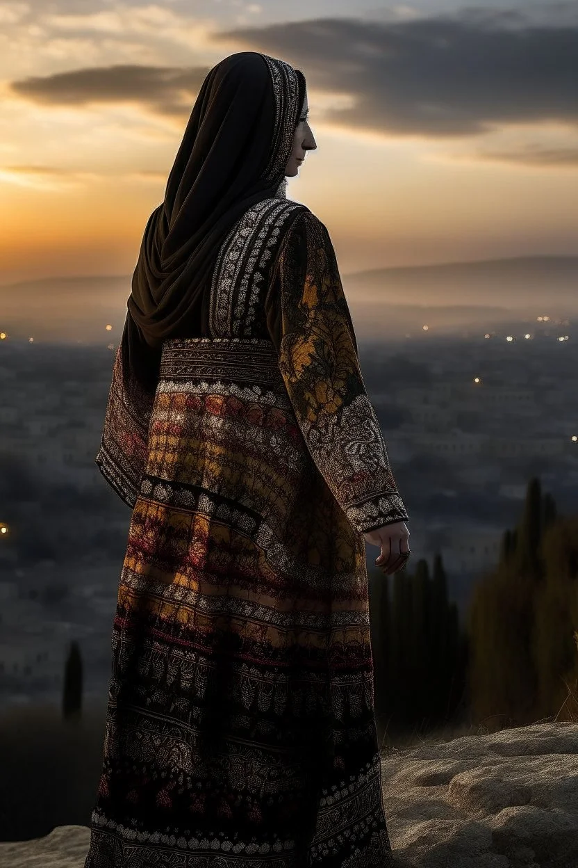 A Palestinian woman wearing an embroidered dress with the city of Jerusalem behind her during a winter sunset