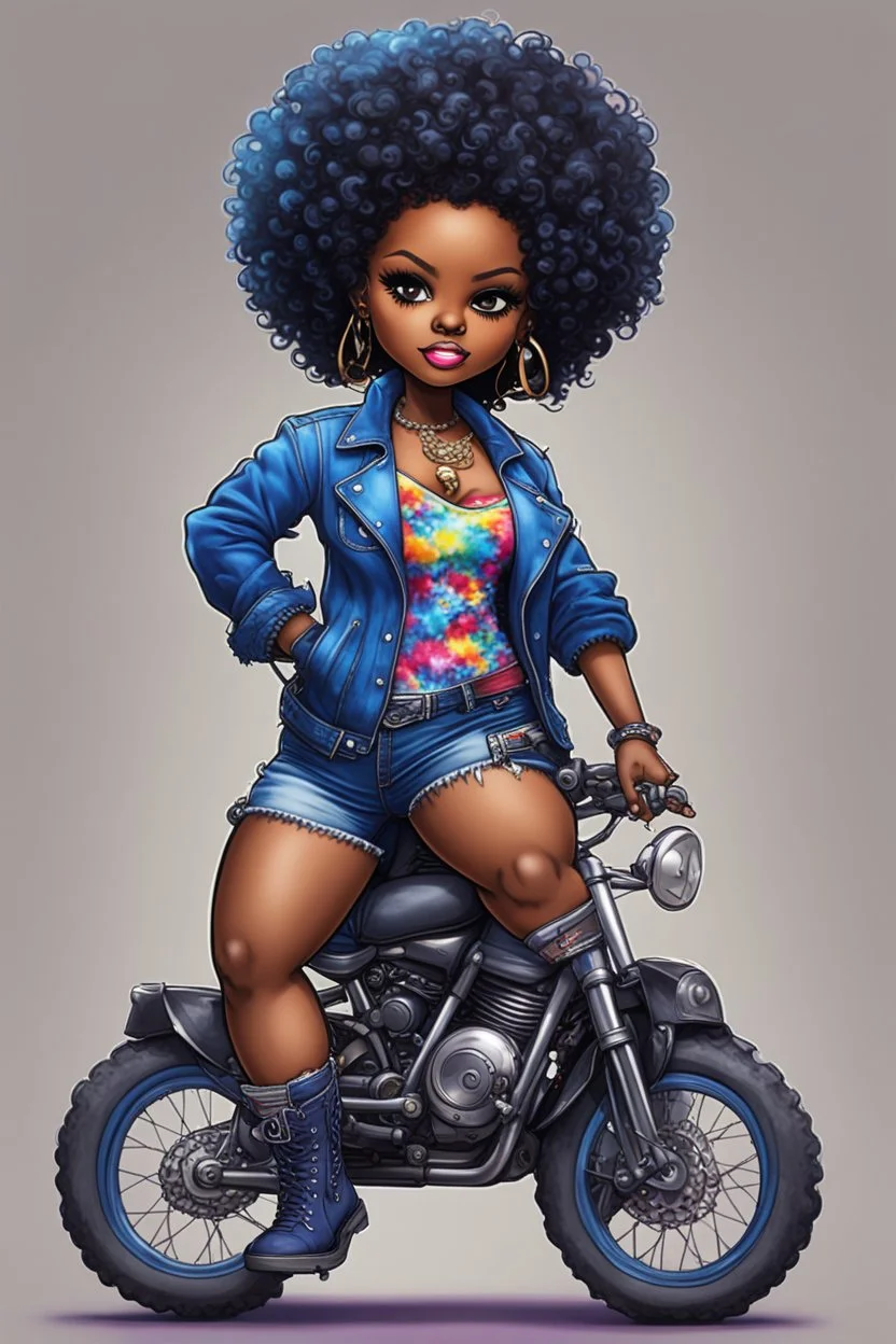 create an pshchedelic art illustration of a chibi cartoon voluptuous black female wearing a blue jean outfit with a tie dye tshirt with biker boots. Prominent make up with hazel eyes. Extremely highly detail of a tight curly black and shiny afro. Background of a bike show