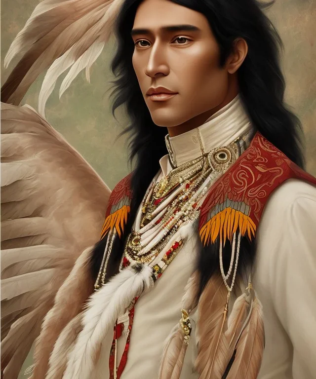 chaman, male native american, mature, long black hair, black fabric coat like wings