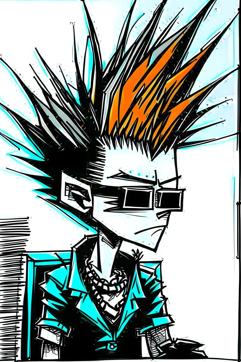 2d drawing of a stickman, cool with punk hair, x eyes like in hangman, sideview of him sitting in a car, arm slightly lifted and resting on door