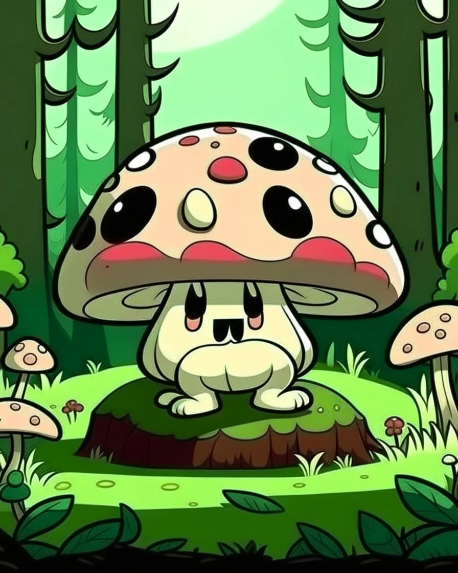 magical kawaii mushroom with a big, frowning mouth and droopy eyes, sitting on a mossy log in a quiet and peaceful forest, lost in its own thoughts, high details, forest background, cute, kawaii style, outline,