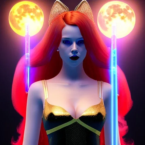 Attractive young teenage girl with golden fire red hair wearing a galactic tiara, who is dressed like a witch casting a spell with quarterstaff, she has cat ears and open dazzling blue eyes, has a normal nose, background is realistic space with a moon, the girl is on a planet, black goth girl dress, full body portrait, arm colors gradient effect into stars, rendered, unity 3d, unreal engine, dslr, hdr, 4k, edited, photorealistic, normal number of appendages, freckles, artists rendered