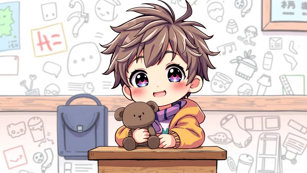 detailed digital art style, cute anime, detailed chibi face with smile, sitting on school desk in hand a bear toy, in colorful modern clothes , messy hair random drawing background, childbook style, highly detailed, no photorealism