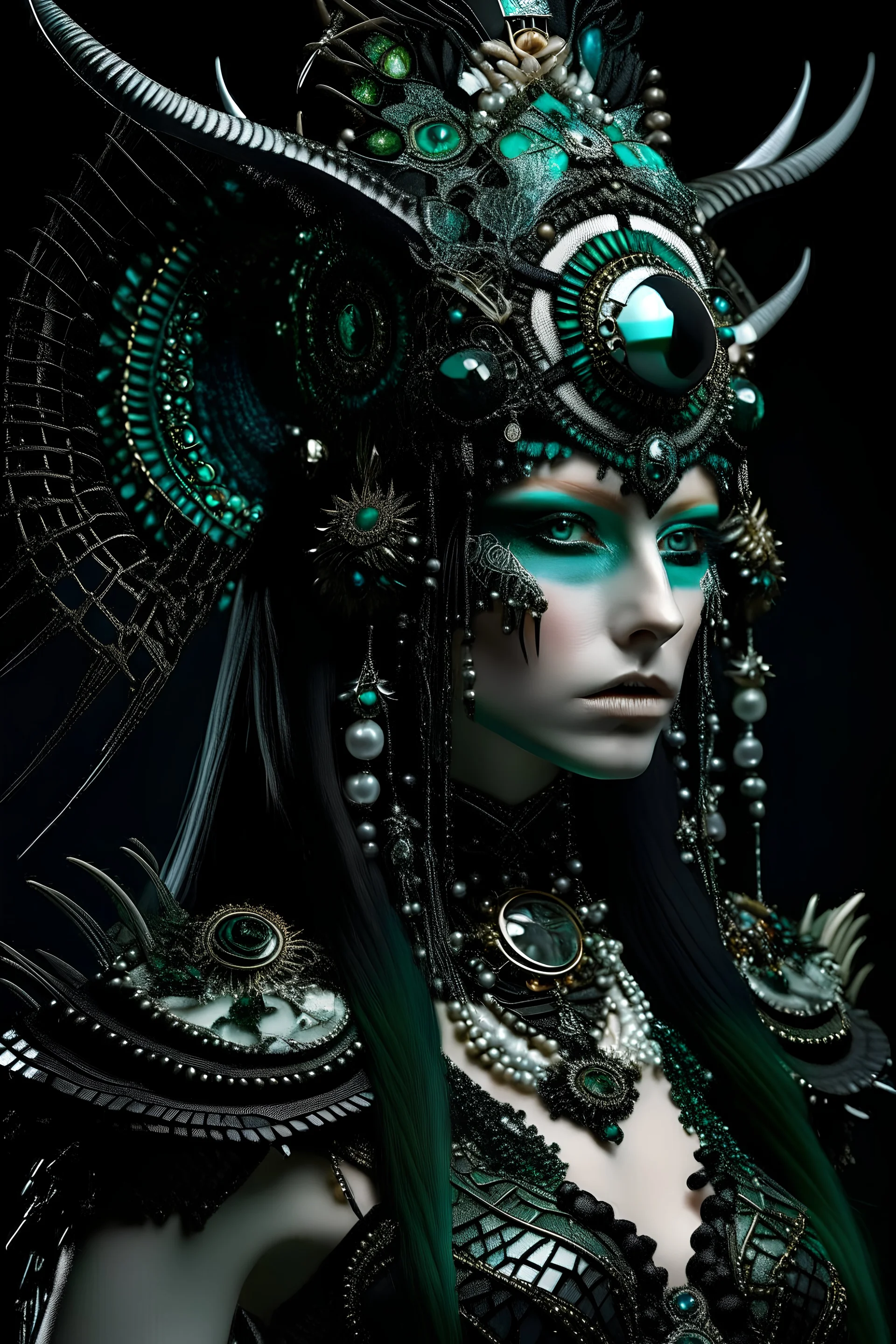 Beautiful faced Warrior Princess portrait In opal and malachite stone ribbed ,textured metallic and black pearl floral ribbed leather vantablack techno dark goth armour, wearing malachite stone and quartz stone ornated Warrior floral headress vantablack techno shamanism, agate stone, azurit and quartz beads troyan costume organic bio spinal riibbed detail of etherial rainy background extremely detailed hyperrealistic intricate athmospheric full body portrait