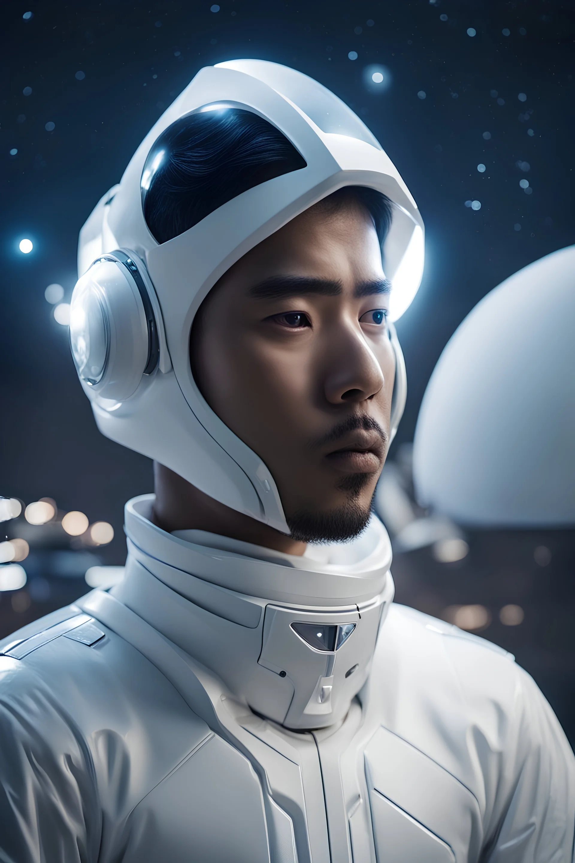 an indonesian man with white futuristic clothing looking intently at the night sky