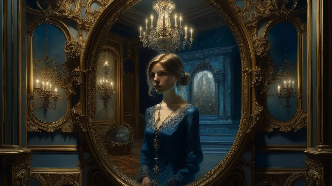 Painting of a mysterious woman in an elaborate Baroque frame, room with non-Euclidean geometry, antique oval mirror showing a slightly different reflection of the portrait, walls with trompe l'oeil frescoes, crystal chandeliers projecting kaleidoscopic lights, dreamlike and surreal atmosphere, magical realism style