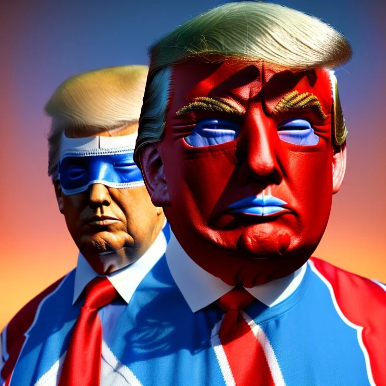 realistic image of donald trump as a mexican wrestling fighter posing outdoors, Mexican eyes wrestling mask, red and blue breeches, suspenders, retro style, 80s, vibrant color, highly detailed, sky background, concept art, unreal engine 5, god rays, ray tracing, RTX, lumen lighting, ultra detail, volumetric lighting, 3d, finely drawn, high definition, high resolution.