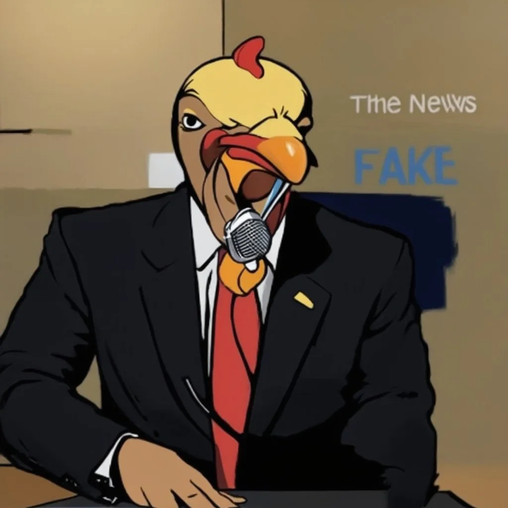 Add chicken crest and chicken beak to the image, also add chicken body with suit and tie. And a microphone 🎤. Cartoon style illustration. It has a phrase that says: "The Fake News." The word La in white on a blue background and the word Fake News in blue on a yellow background.