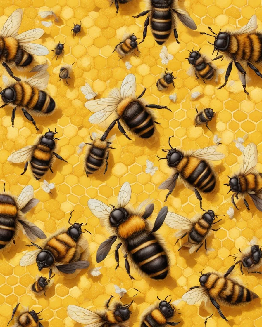 gentle background with bees, honeycombs in the background, bees on hives on a yellow field