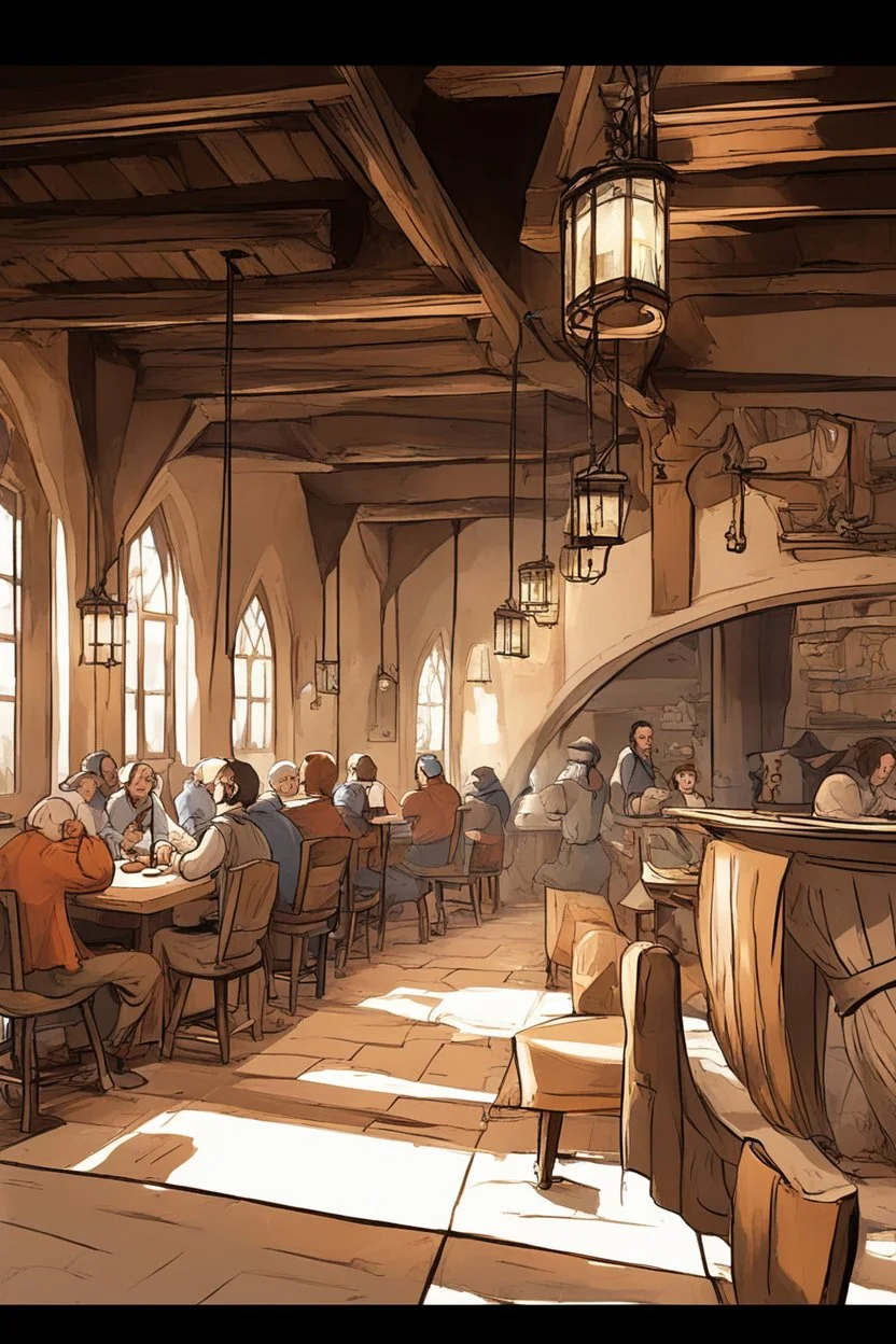 Lots of People sitting around tables in a medieval tavern with a stone floor, add people to the chairs