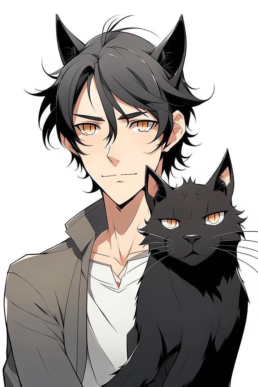 A anime adult man with messy black hair, large black cat ears and tail