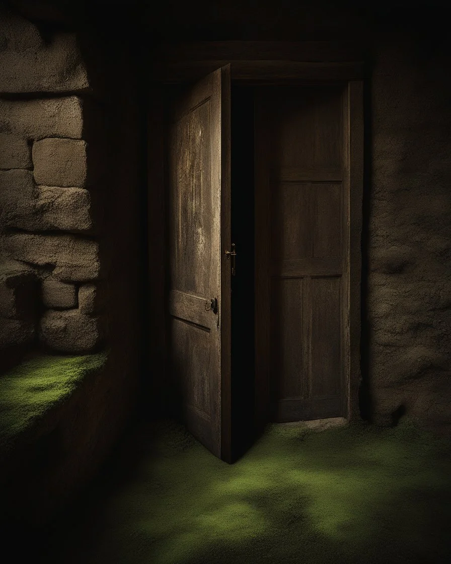 An ancient, weathered door stands in an abandoned house, shrouded in deep, engulfing darkness. The walls are rough and covered in moss and dust, with wooden beams crumbling and floors uneven. The faint light coming from a small particle of the philosopher's stone, placed mysteriously near the door, emits a warm, surreal glow, contrasting with the surrounding darkness. The stone’s light weakly illuminates the nearby area, casting long, eerie shadows. The atmosphere is thick with mystery and tensi