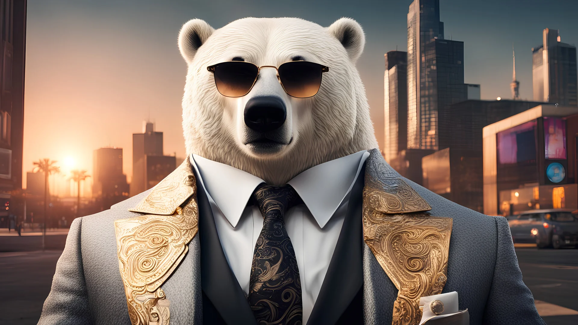 a suave gangster polar bear with black sunglasses and a suit outside a club. sunset. intricate details. Big glass city background. natural tones. gold curb chains, fedora.