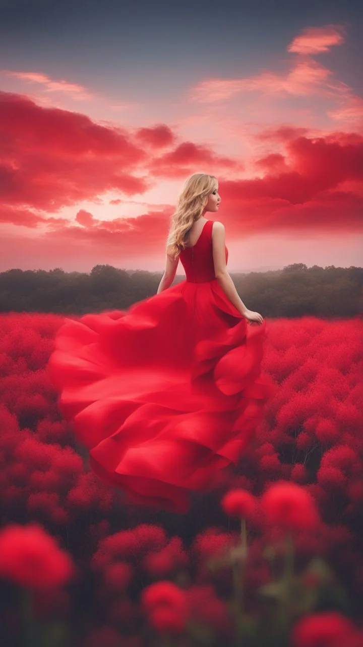 Beautiful a blonde lady wearing a Red dress holding a red flowers in a red sky and background and red cloud all picture is in red colours