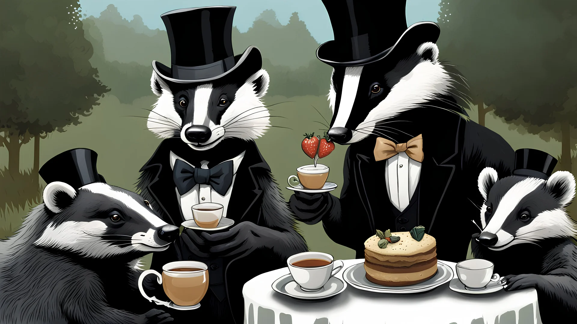 Anthropomorphic European badger wearing a tophat and having a tea party with his other anthropomorphic animal buddies. Illustration.
