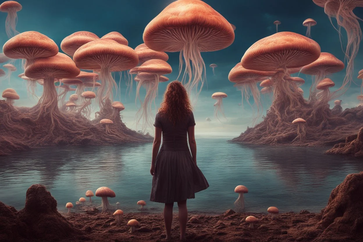 woman standing on the shores of an alien world, with mushrooms with jellyfish tentacles, floating in the air, photorealistic, Detailed Matte Painting, Deep Colour, Fantastical, Intricate Detail, sunshine