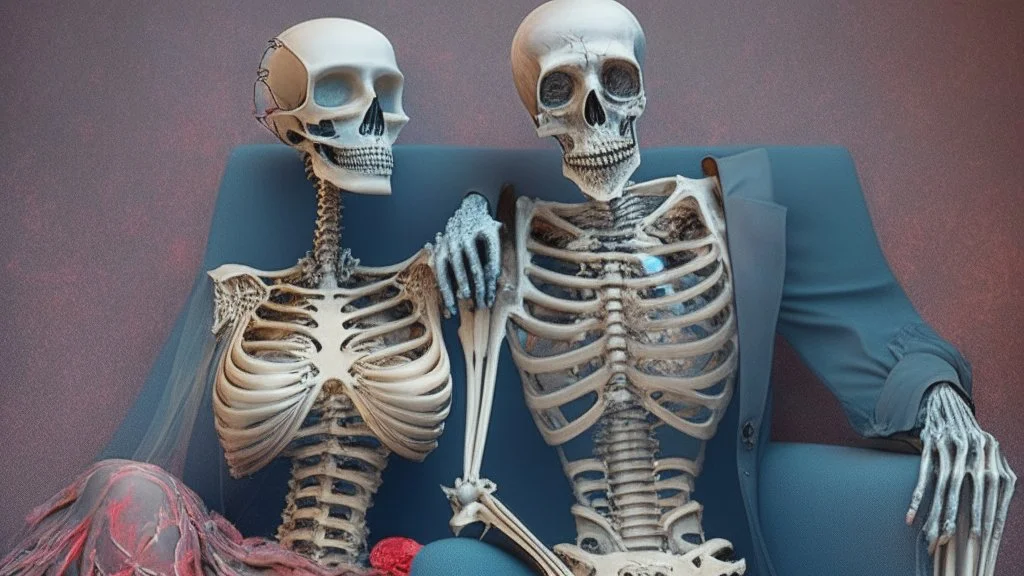 Famous Skeleton Couple Posing together wearing 1920's Hollywood Grandeur; Surreal, Intricately Detailed, Beautiful, Colorful, award-winning, high definition, ultra-detailed, beautiful, rose tones