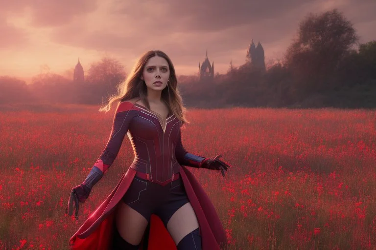 Feiticeira escarlate, Elizabeth Olsen, feiticeira, magia, bonita, cenário em um campo de flores, cinematográfico, dramático, por do sol, campo de flores, cores frias