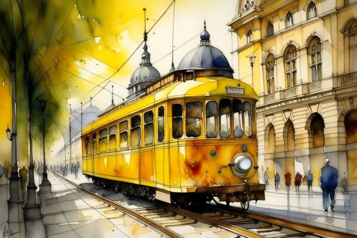 yellow tram in Budapest, style Alvaro Castagnet, Anton Pieck highly detailed elegant very attractive beautiful dynamic lighting watercolor aquarelle Thomas Wells Schaller