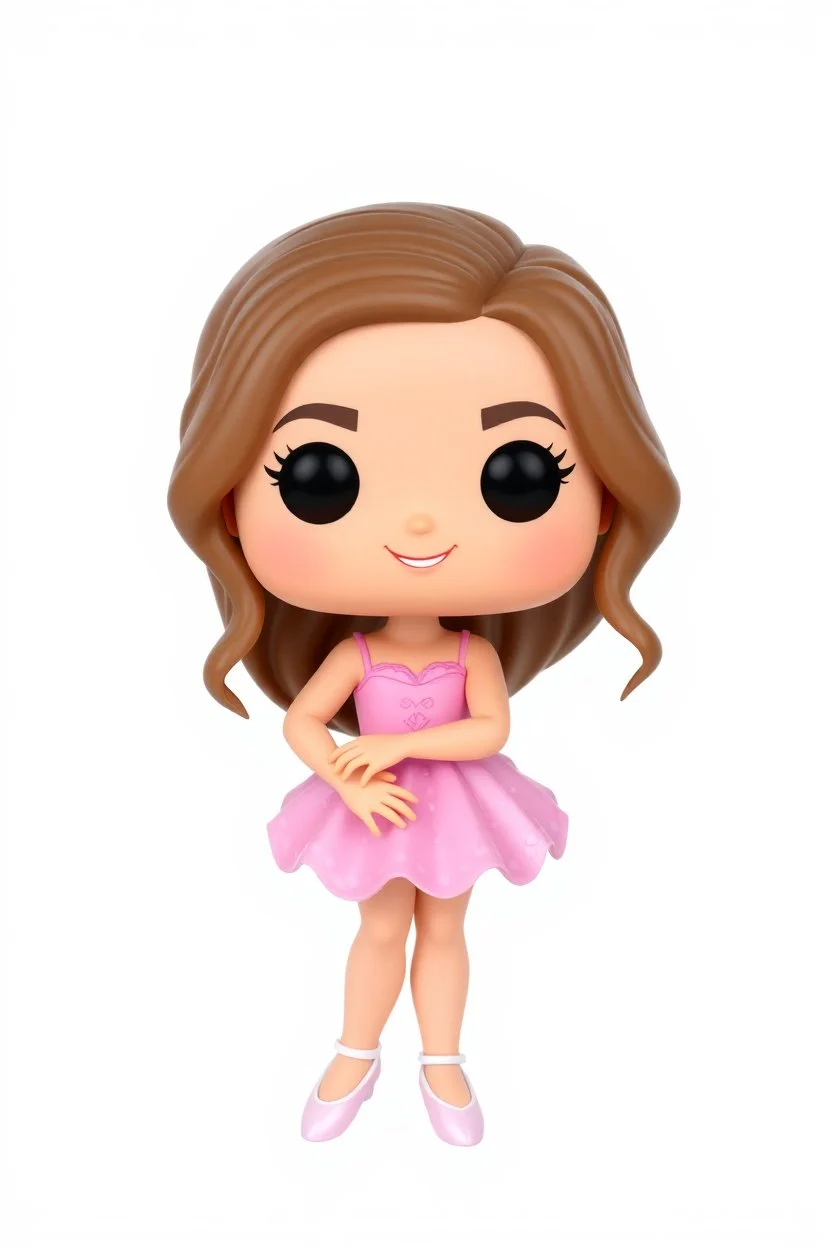 Funko figure of a very young female, smiling, long wavy light brown hair, wearing a ballerina dress, pink dress, ballet, very cute, ballet pose,. typography, 3D render. White background
