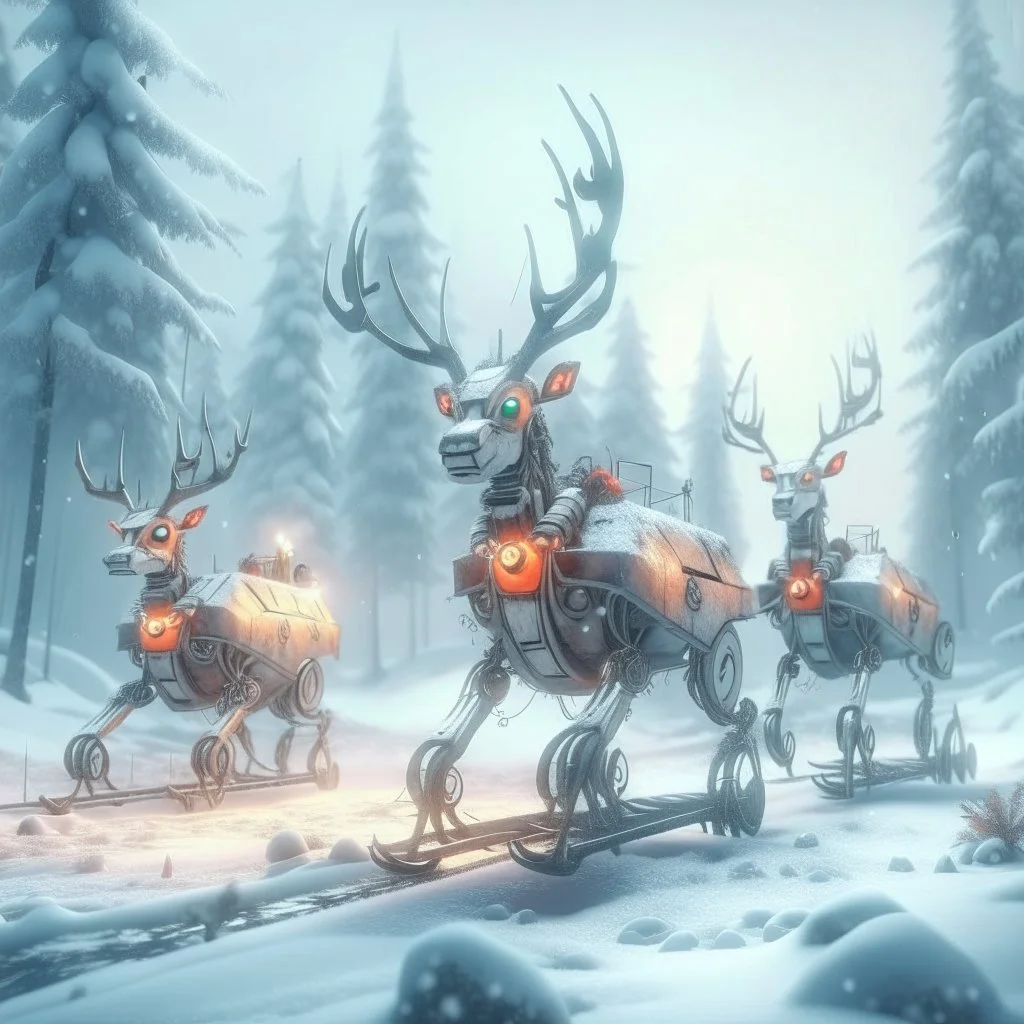 reindeer robots hauling sled with presents in snowy misty forest, 8k, down-light, soft light, depth of field, photo realism, trending on art station, high detail