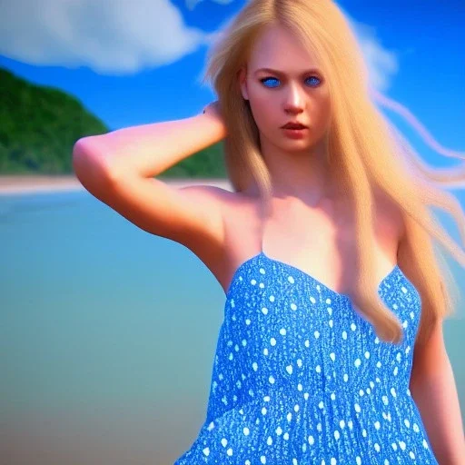 Beautiful full body woman blue eyes long blond hair in an hippy blue flower dress on a beach, unreal engine, 4k