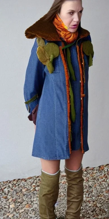 Image shows wholly a young Brunette woman. average body type. Mantle is sewed of recycled Denim and sewed together of camouflage pieces. Camouflage colors are orange,terracotta, cream and purple. Cream latex gaiter. More yellow(Munsell)!!!Big bright purple/khaki felt tippet and cream or blue or lilac colored-hood. mantle is merged with satchel. . AKG-style headphones (gold rings!) is merged with small felt cap with small visor. Style: Haute Couture in 1936, Paris fashion in 2023.