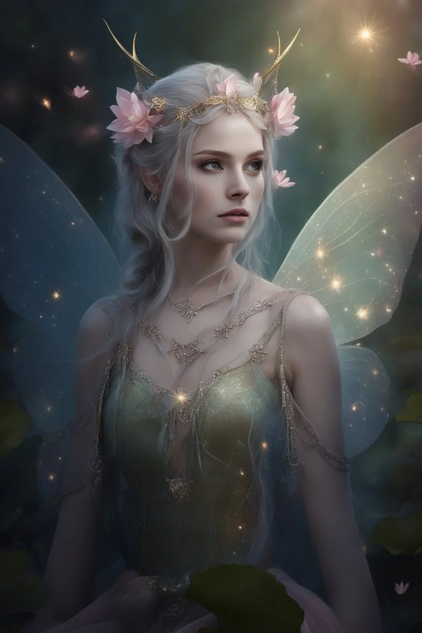 Pink dress,Sparkling fairy wings,Very long golden hair,Fairy crown,pointed ears,elven ears,fairy wings,water lilies,sparkling,glittering,flowers,blossoms,golden crown,light pink dress