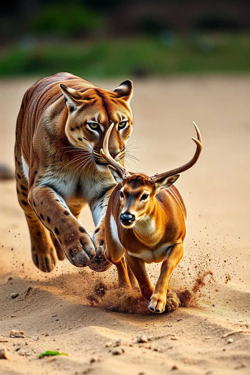 A large kentucky mountain lion chasing a male white tail deer, dynamic action, jumping, splashes of sand, nature photography, raking light, blue lights in the background --ar 16:9 --style raw --v 6.0