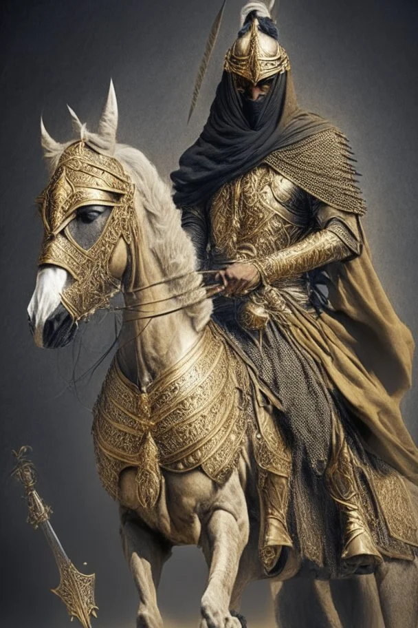 Arab warrior Full Body Full Armored Wearing Face Masculine Mysterious Powerful Fantasy High Quality Carrying his bow Golden clothes His horse behind him