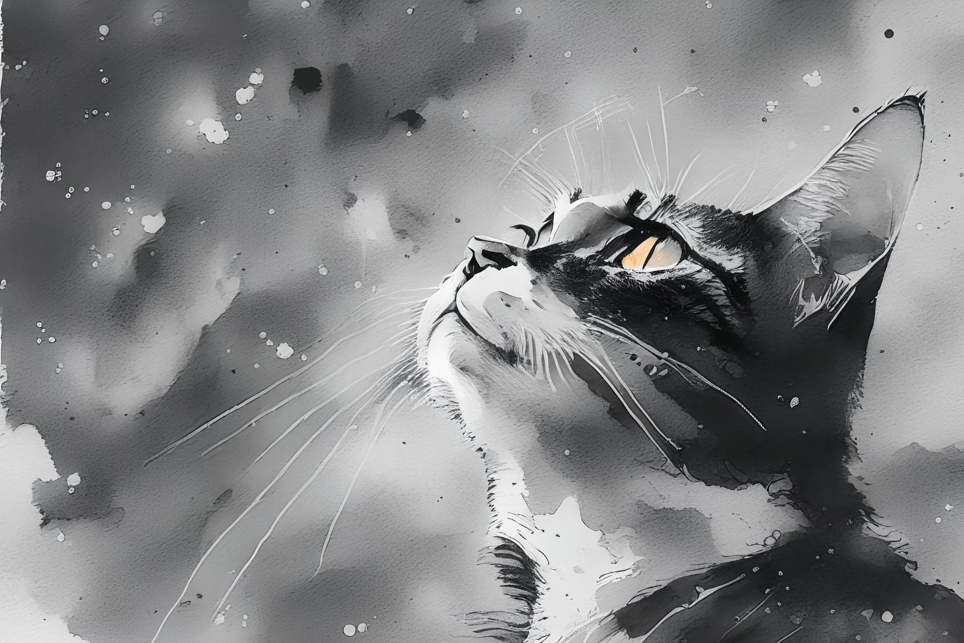 Portrait d'un chat regardant vers le ciel, aquarelle noire et blanc, style art figuratif abstrait.