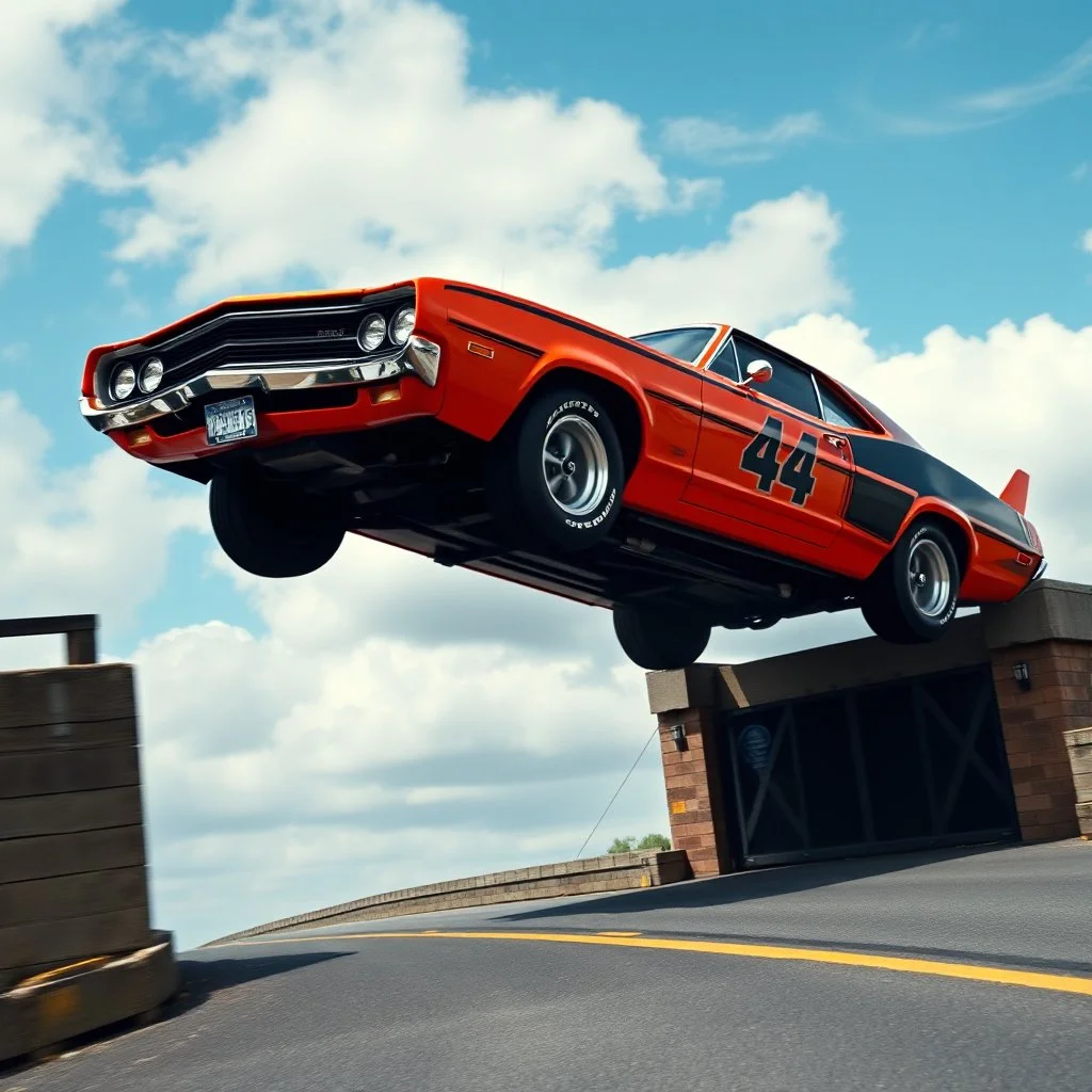 dramatic angle, supercar, dukes of hazard's general lee car jumping over a drawbridge