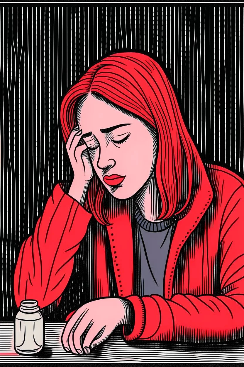 Ilustrasi seorang perempuan yang sedang depresi meminum obat obatan