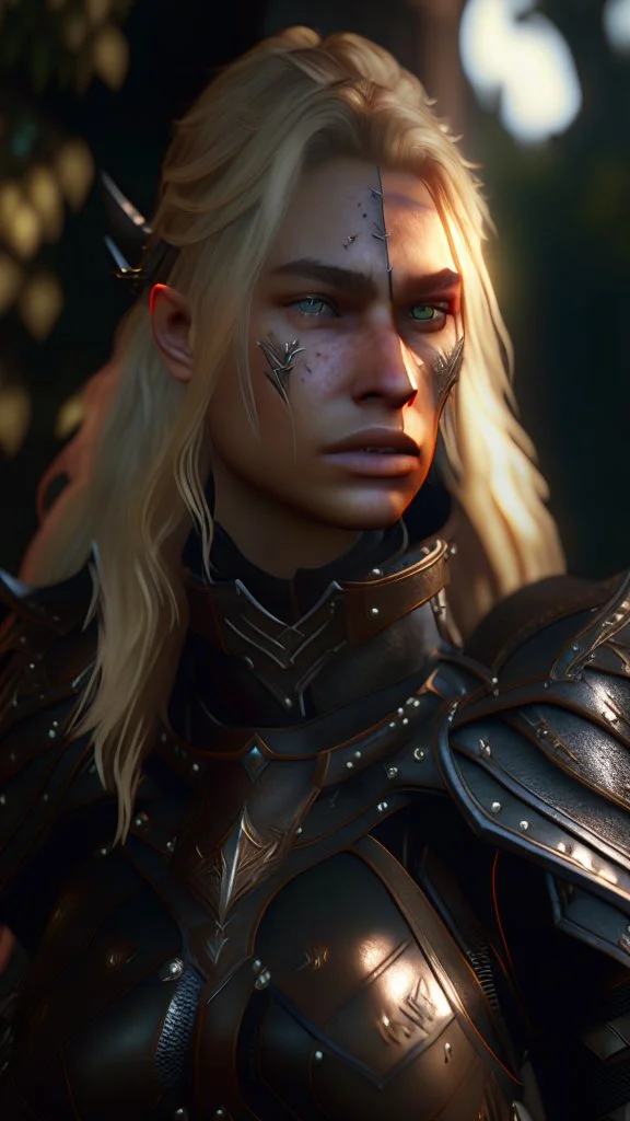 blonde female hunter wearing leather half armour dark fantasy Realistic unreal engine 4k